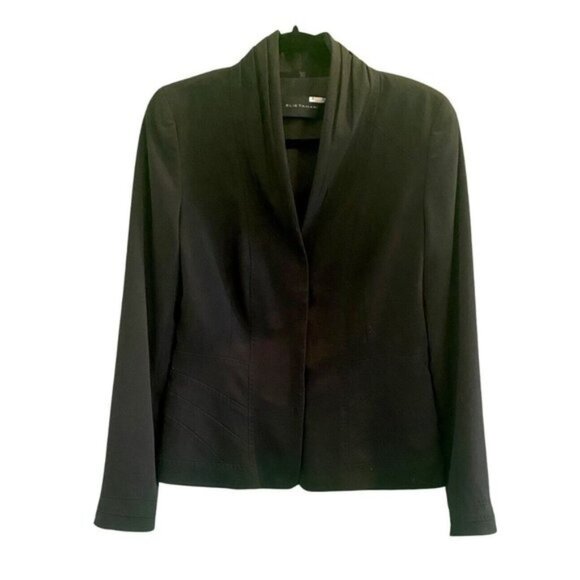 Elie Tahari Pleated Shawl Collar Snap Closure Onyx Black Crepe Knit Blazer Sz 6 - Picture 4 of 6